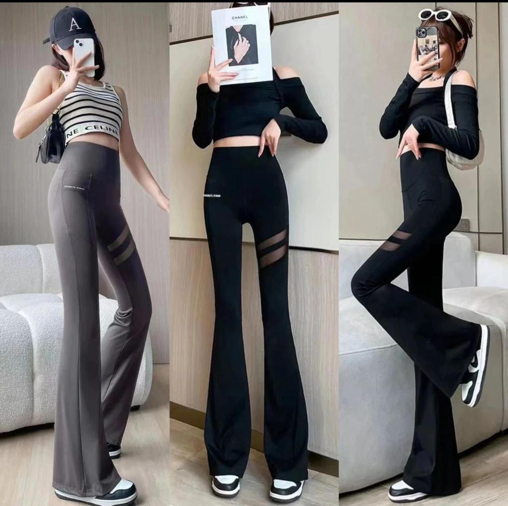 Women's High Waist Flared Yoga Pants with Mesh Pockets - Breathable, Abdominal Support & Hip-Lifting Design for Spring & Summer.