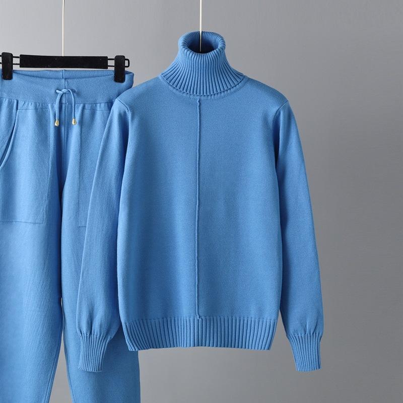 QICED Casual and Fashionable Autumn and Winter High-neck Solid-color Sweater Knitted Two-piece Set