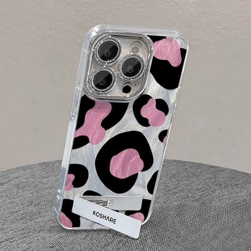

Sweet Cool Black Pink Leopard Print Feather Yarn Summer Suitable for Iphone16pro Mobile Phone Case Apple 15 Protective Cover Bracket 14p Apple 17PRO