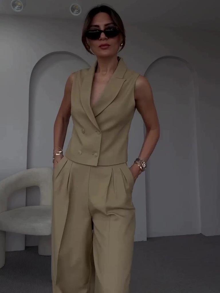2024 Summer European & American Solid Color Lapel Sleeveless Vest and Wide-Leg Long Pants Set