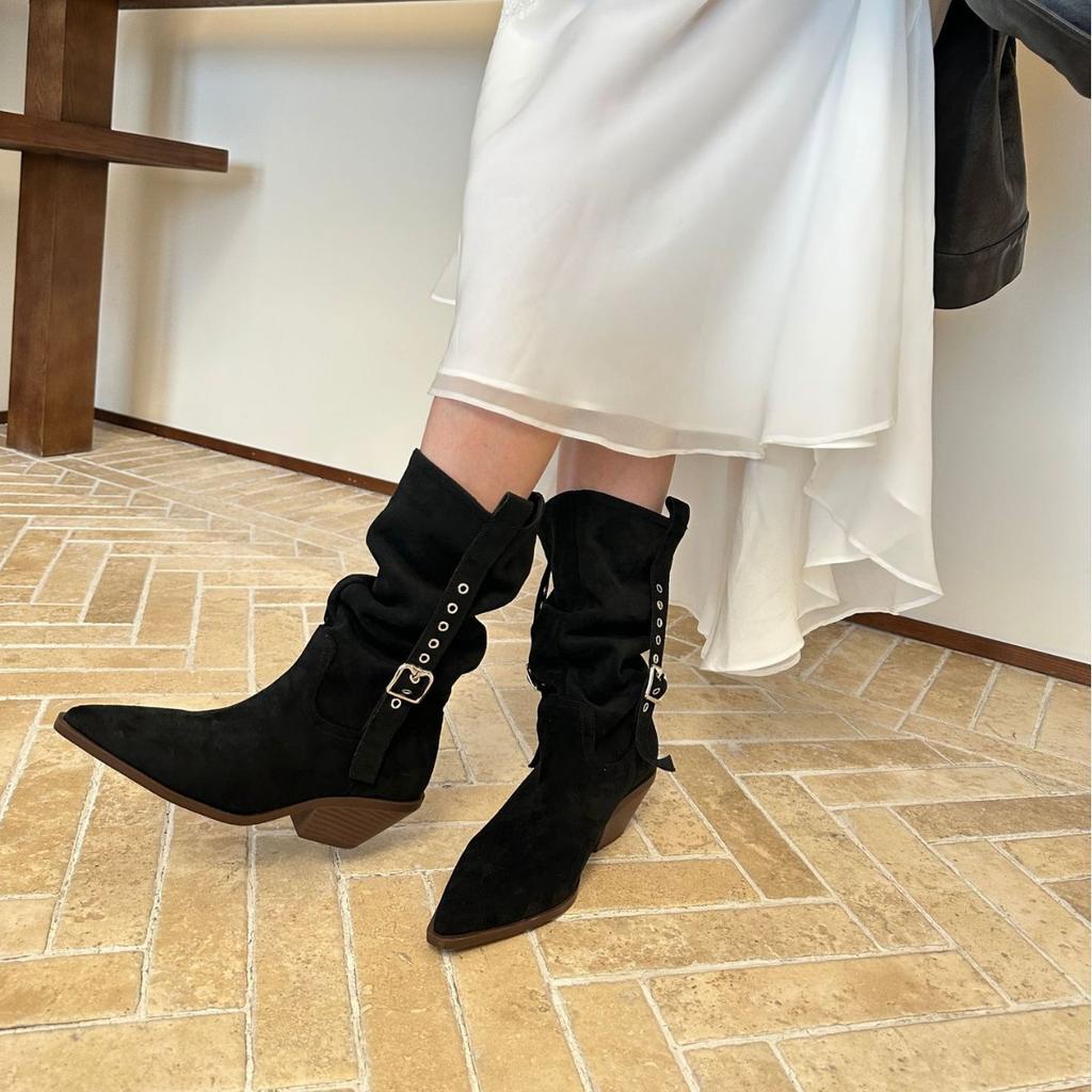 2025 Autumn and Winter New French Retro Thick Heel Western Cowboy Boots Women's Pointed Belt Buckle Medium Boots