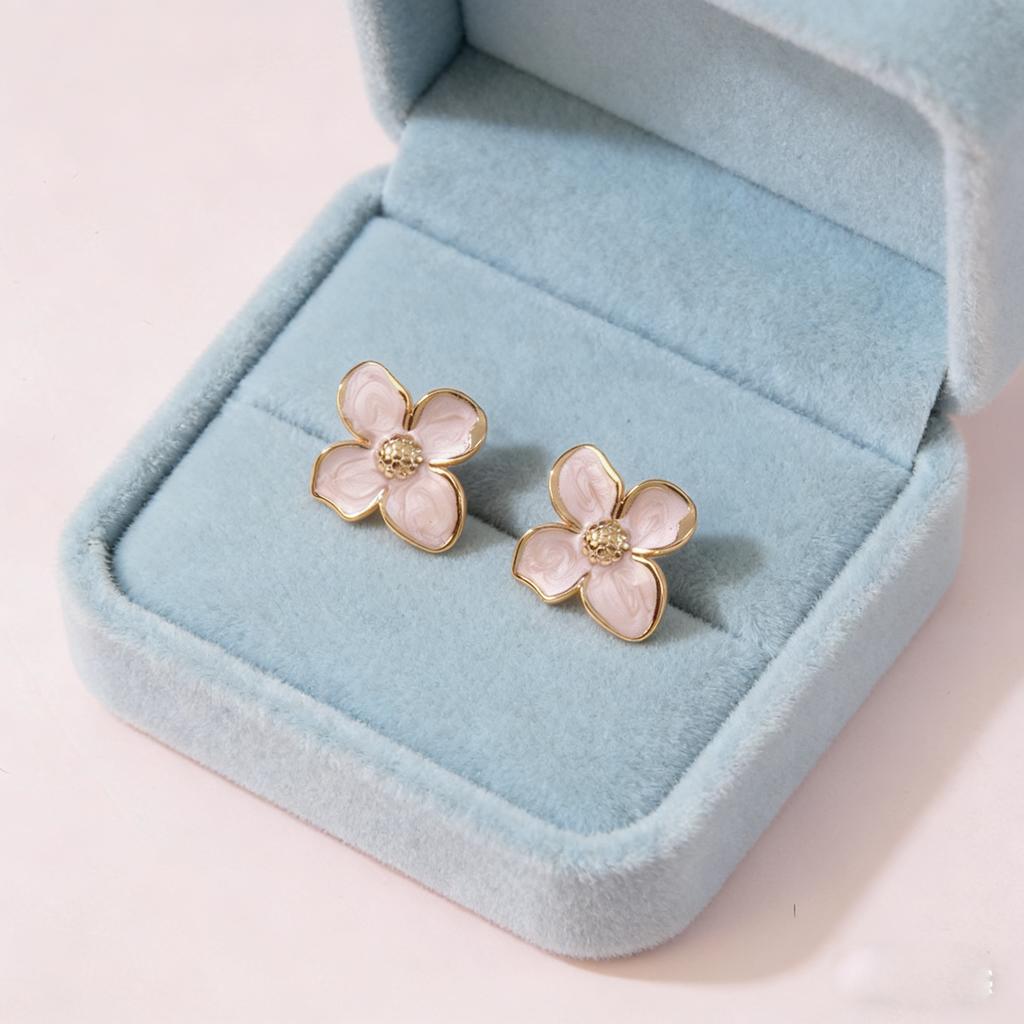 Fashion Irregular Post Earrings Metal Flower Cream Epoxy Studs Gold Color Plating Heavy Statement Zircon for Women