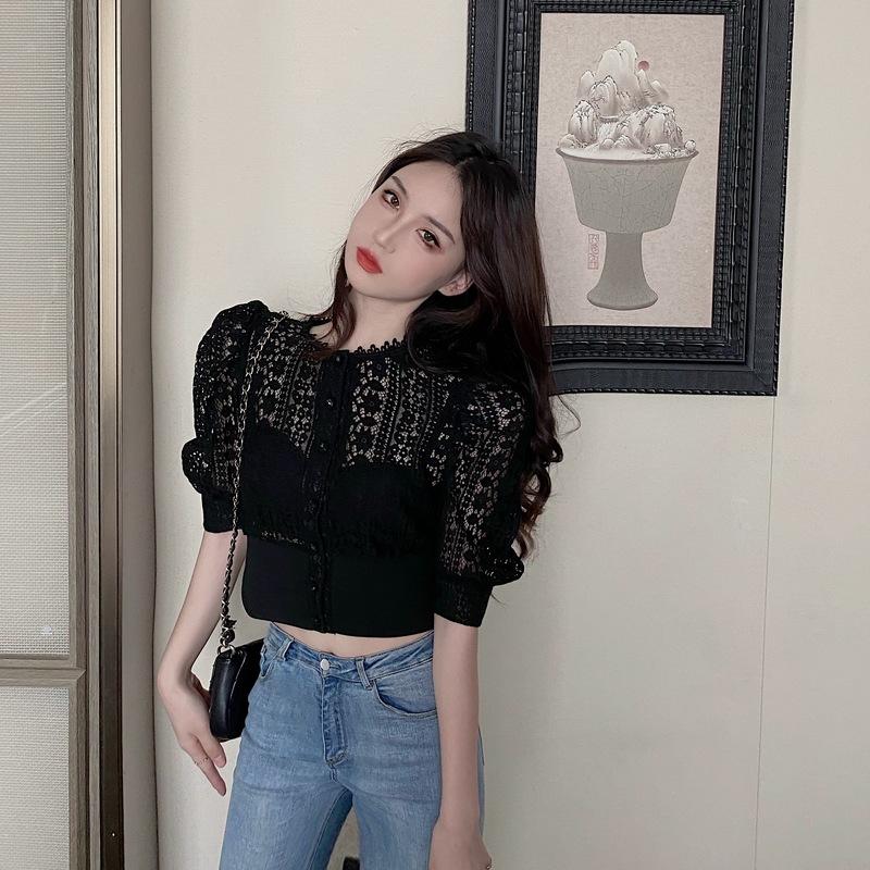 Summer Blouse Women Korean Hollow Out Lace White Women Shirt Short Sleeve Button Loose Shirts Solid Female Tops