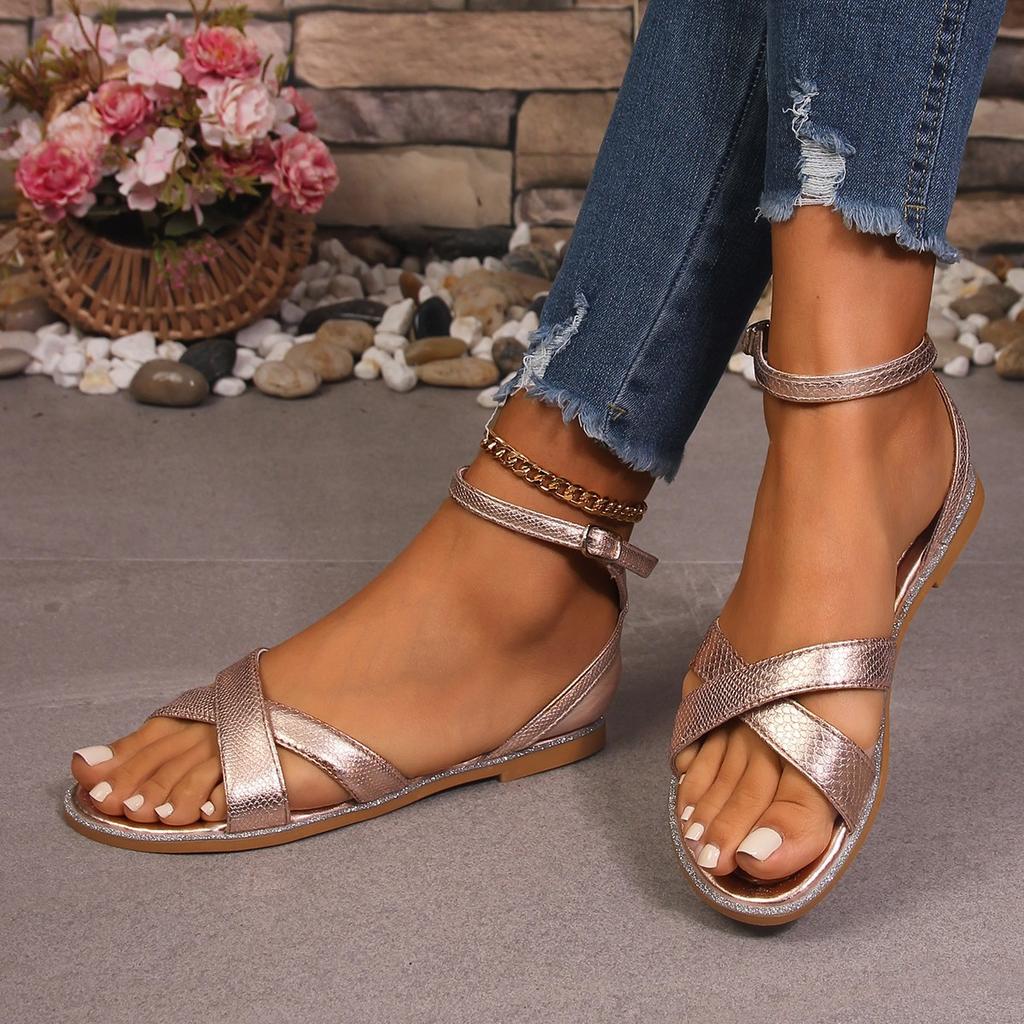 Foreign Trade Flat-soled Sandals Women's 2025 Summer Round Head Open-toe One-word Buckle Strap European and American Fashion Large-size Women's Shoes