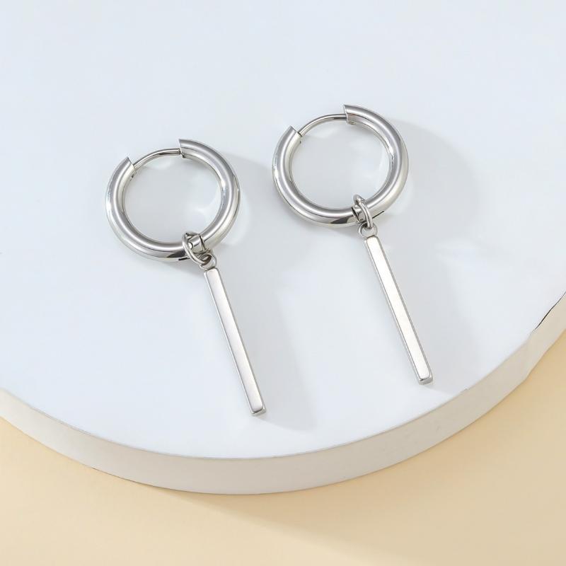 Minimalist Fake Earrings Square Bar Hanging Hoop Earring Pendant Ear Clip Stainless Steel Earring Men Jewelry
