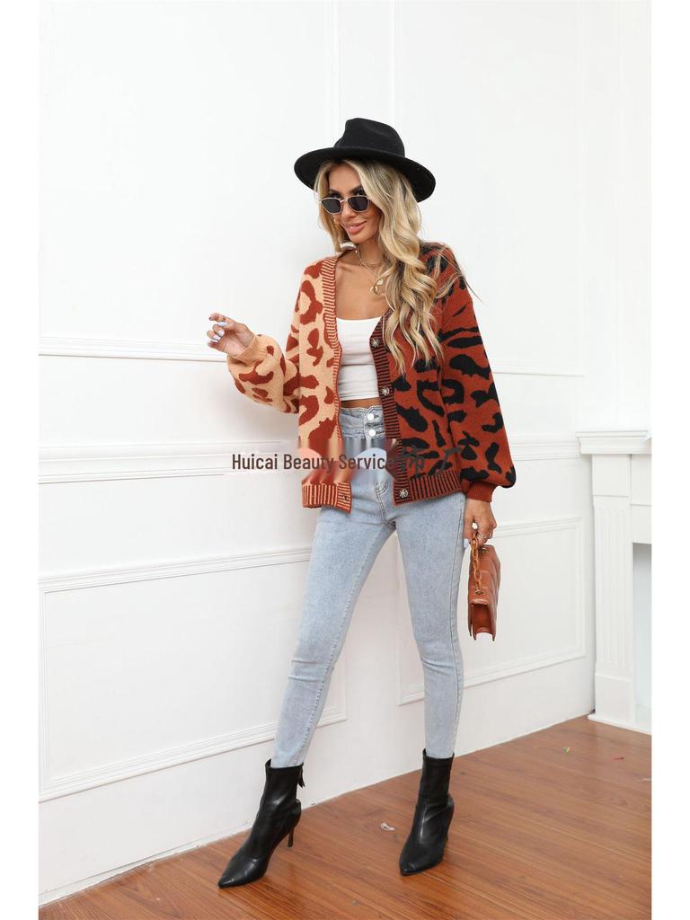 European & American Leopard Print Knitted Cardigan: Autumn/Winter, Mid-Length, Round Neck, Single-Breasted, Streetwear Style, Plus Size Sweater