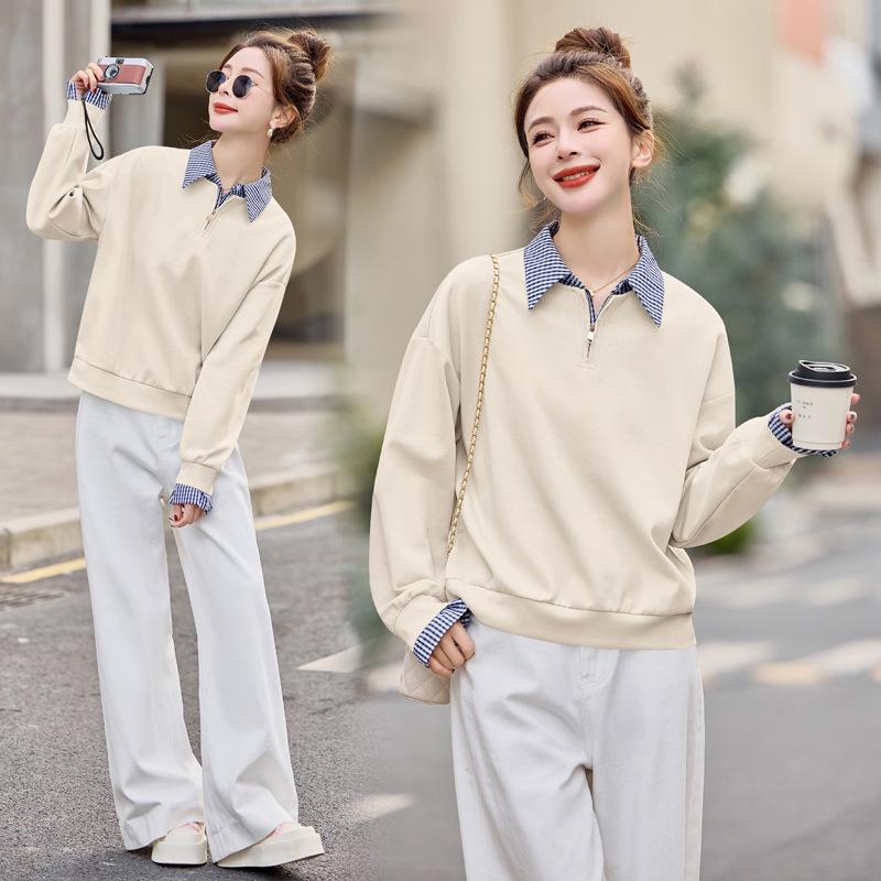 

Весна 2025 Корейский стиль Клетчатый Двойка Отложной воротник Женская куртка Толстовка M (45-55 kg) грязно-белый