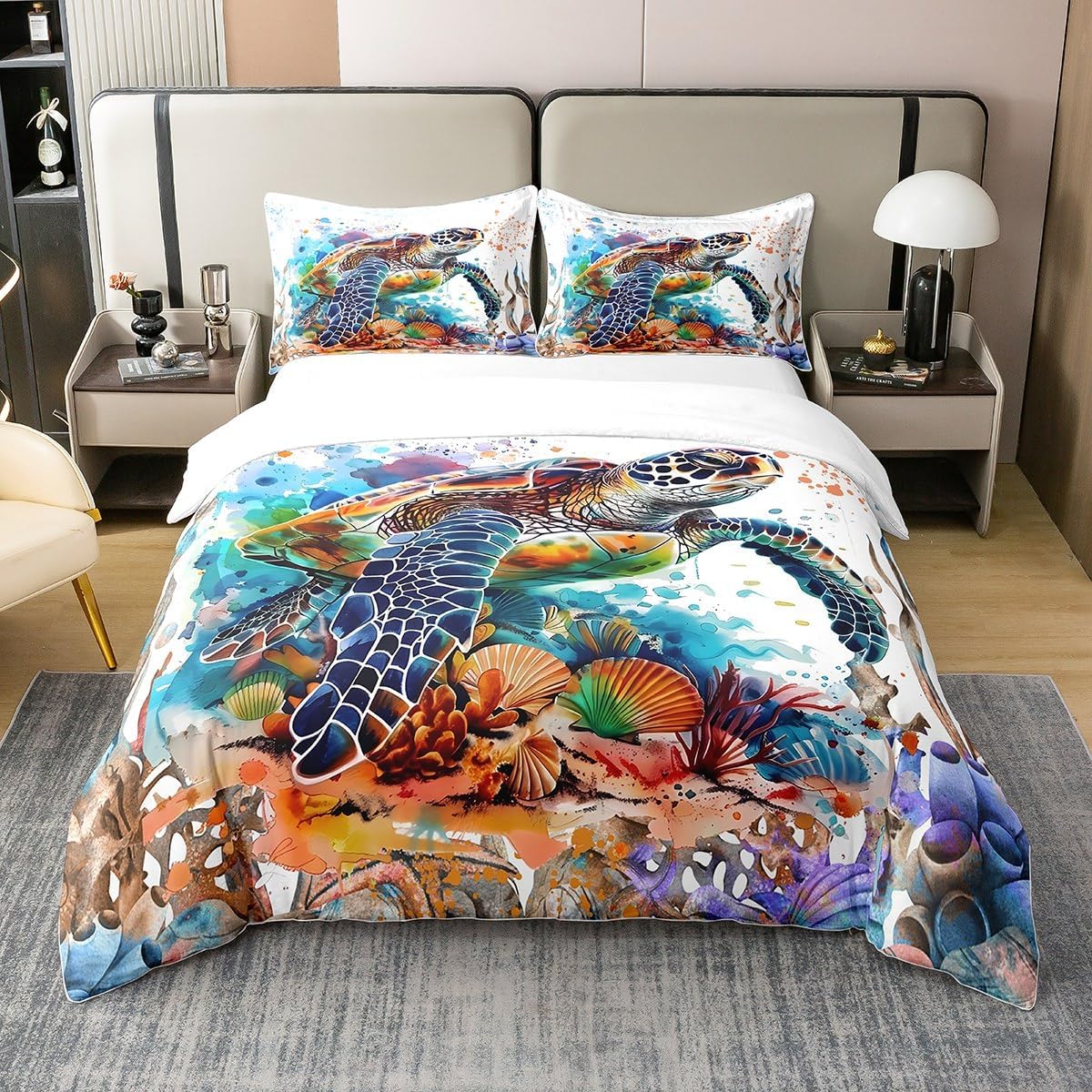 

Kids Sea Turtle Duvet Cover Set Queen King Size Ocean Bedding Set Boys Girls Teens Women Men Bedroom Decor 3 Piece Set EU Single(135x200cm)