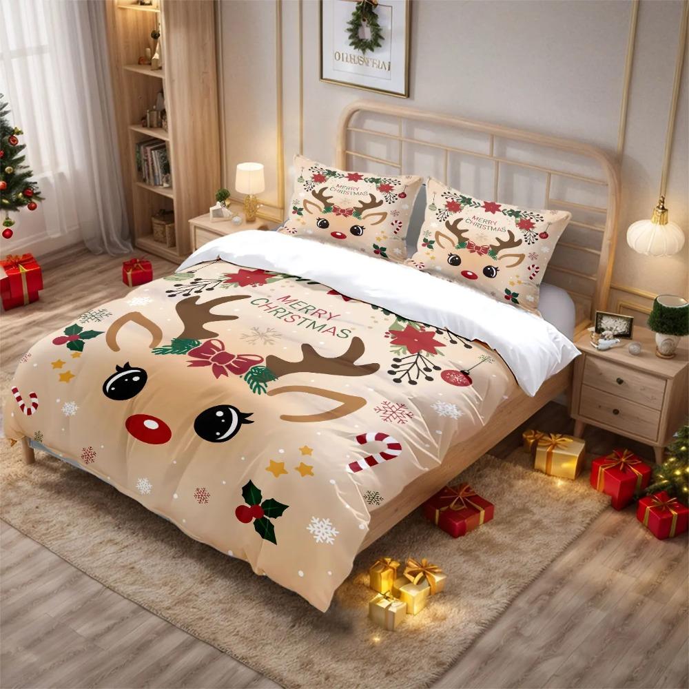 3pcs Christmas Cute Reindeer Printed Chipless Bedding Set Multi Size Bedding Decoration for Bedrooms