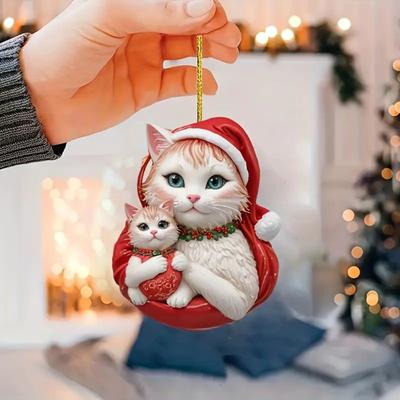Christmas Pendant 2D Acrylic Cat Wearing Xmas Hat Charm Car Hanging Ornament Festive Atmosphere Enhancer
