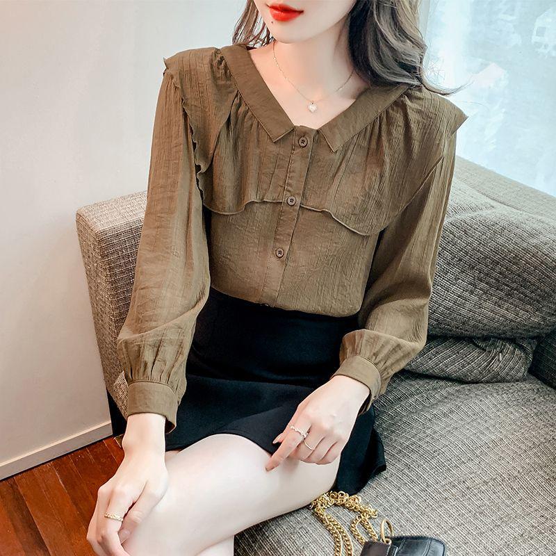 

2024 Spring/Autumn Chiffon Blouse - Women s Versatile V-Neck Long-Sleeve Top XXL кавовий