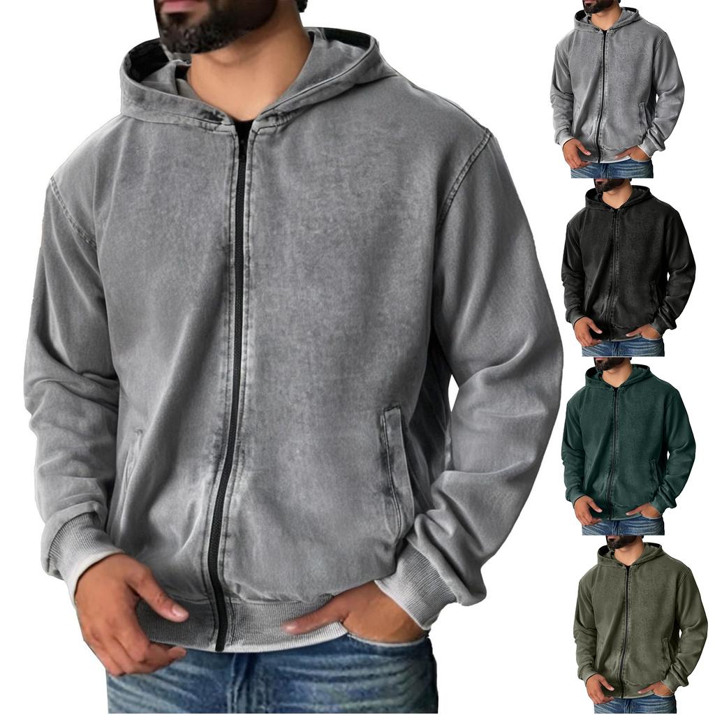 Men's Vintage Zipper Hooded Jacket With Pockets Long Sleeve Solid Color