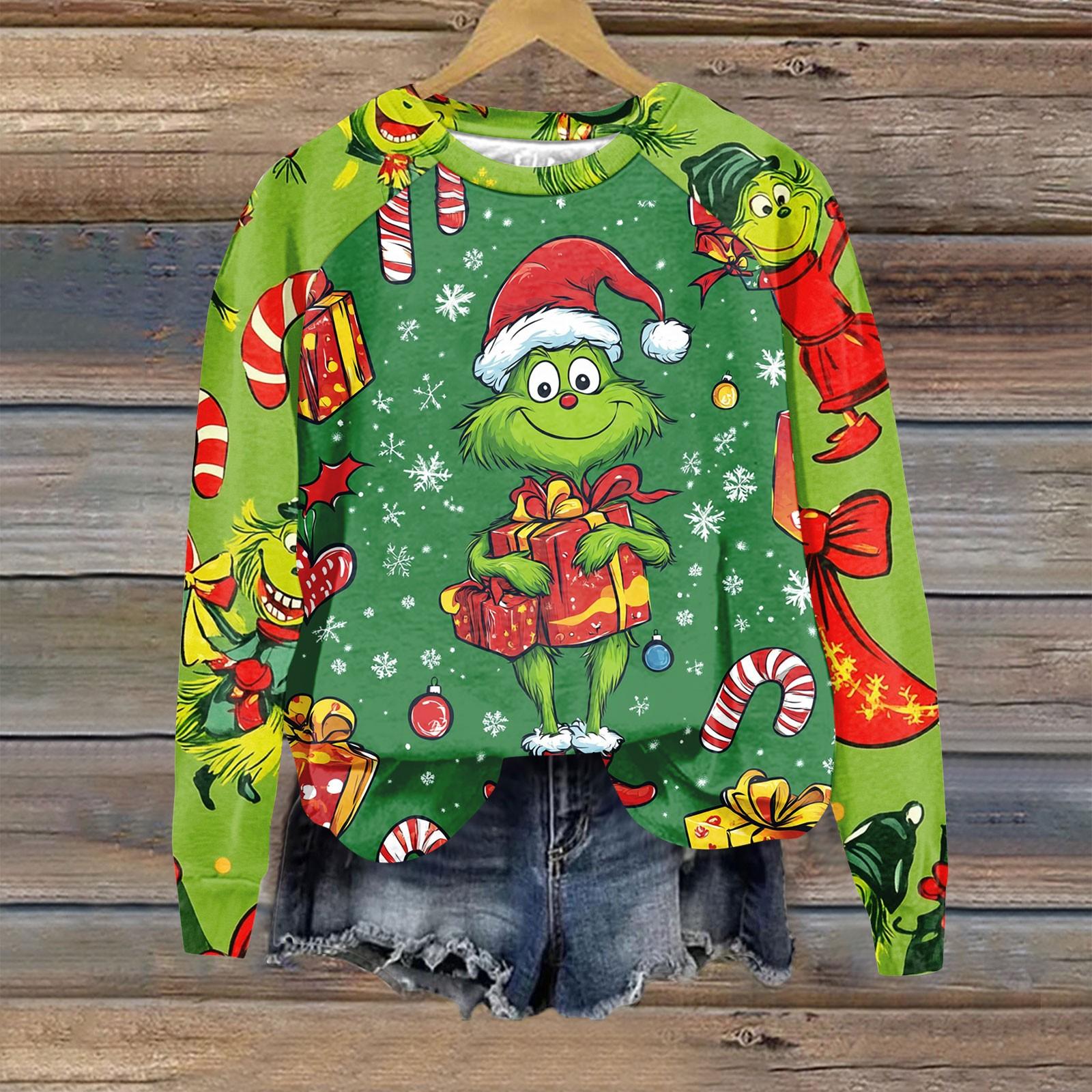 

Женская мода повседневная толстовка с длинным рукавом и принтом рождественского Гринчмаса с круглым вырезом и реглан XXXL