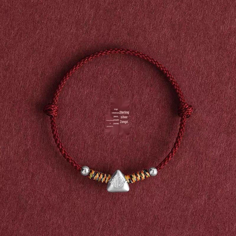 Sterling Silver Dragon Boat Festival Bracelet with Zodiac Fu Charm & Five-Color Red Rope.