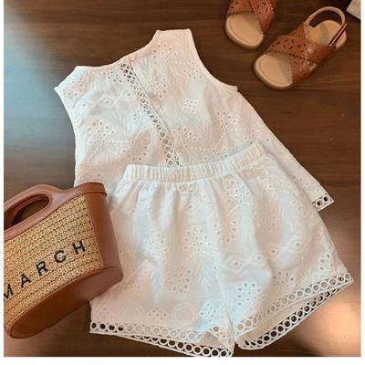 Girls Summer Hollow Lace Vest And Shorts Set Baby Kids Fashionable Casual Two Piece Outfit