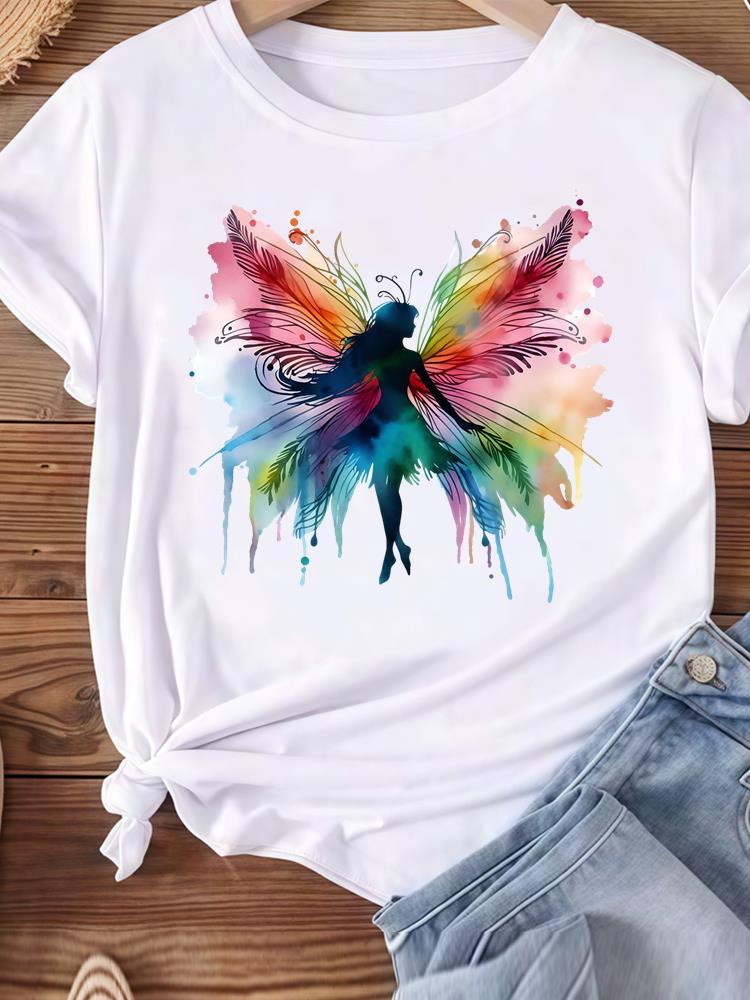 (Asian Size) Love Heart Butterfly Trend Women Tee Top Clothing Casual T Shirt Fashion Printed Lady Female Graphic  Short Sleeve T-shirts