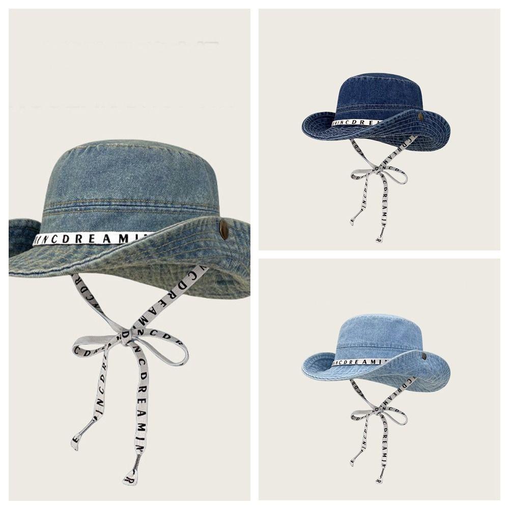 With Tie Belt Jeans Fisherman Hat Letter Sunscreen Hat Sweet Denim Bucket Hat  Travel
