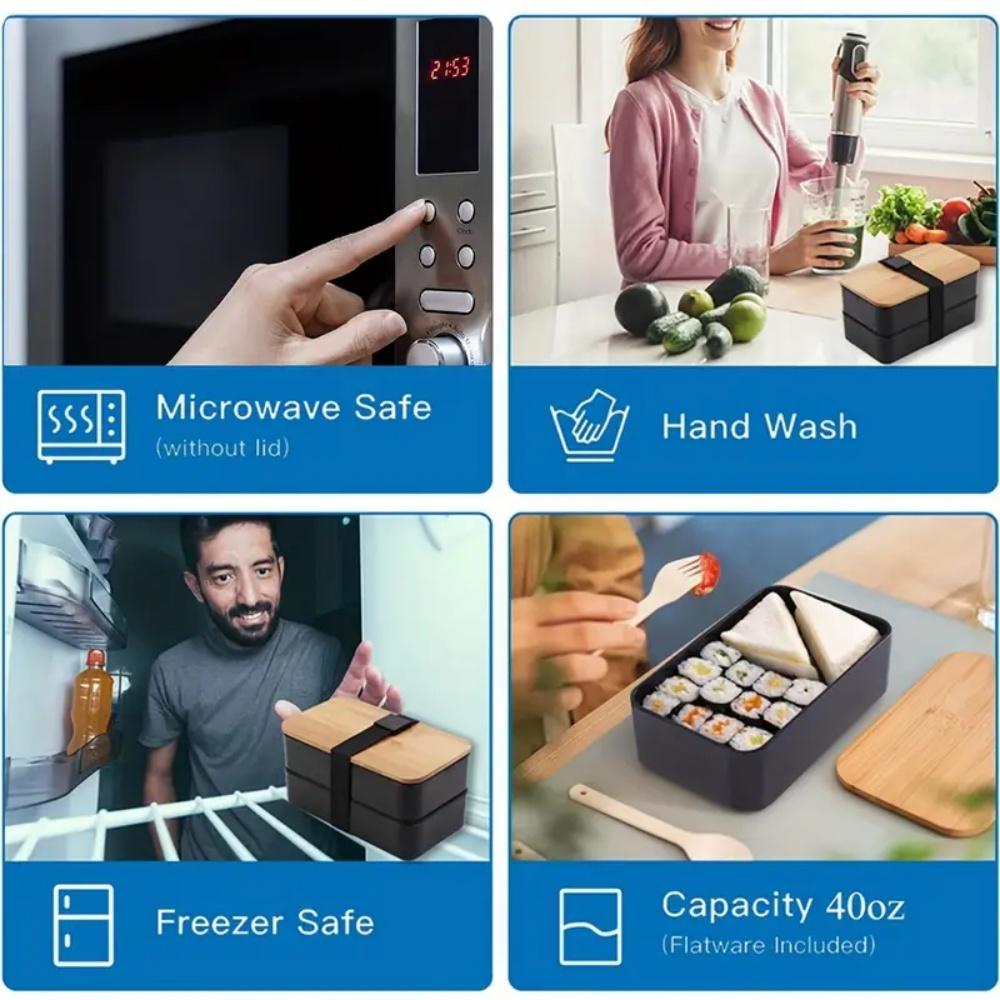 Adult Bento Lunch Box, 2-Tier Food Storage Container Set with Cutlery for Kids/children, Crisper Microwave and Dishwasher Safe