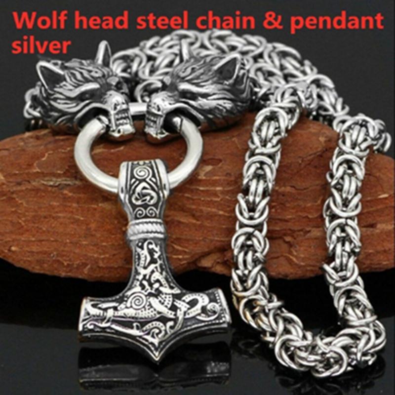 Nordic Herren 316L Edelstahl Wikinger Wolfskopf Stahlkette und Thors Hammer Mjolnir Anhänger Halskette Wikinger Herren Amulett Schmuck Geschenk