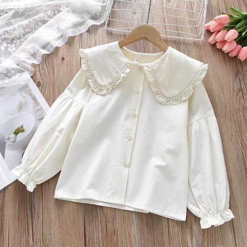 Girls Long-sleeved Shirt New Spring Girls Autumn Children's Lapel Baby Girl Shirt Lace White