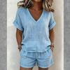Women's -Color V-Neck Loose-Fit Casual Cotton-Linen Short-Sleeve Top And Shorts Set