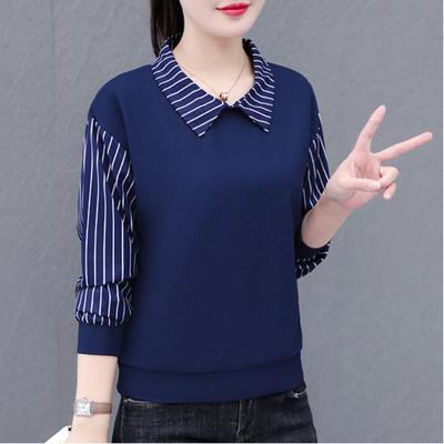 Women's Autumn Winter New Fashion Striped Fake Two Piece Collared Hoodie Long Sleeve Thin Casual Versatile Base Layer Top