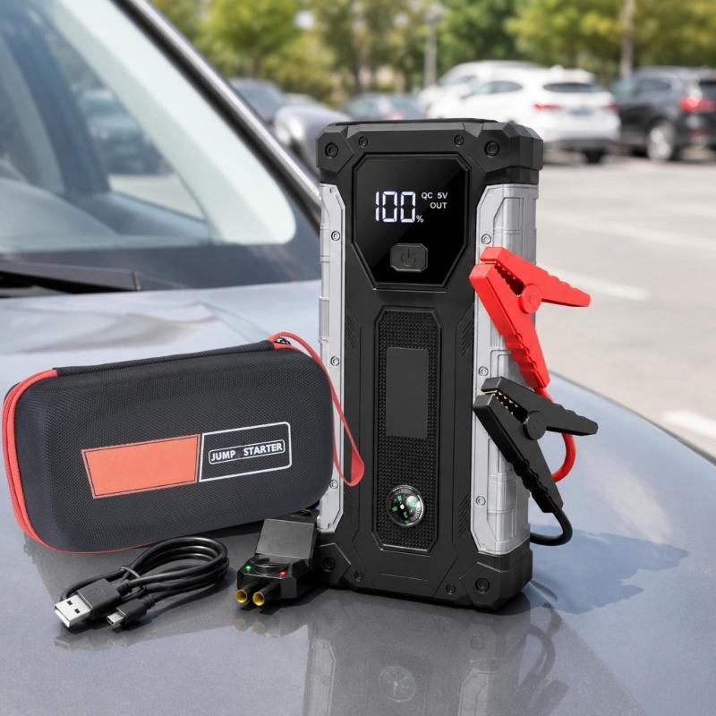 Car Starter for Depleted 12V Vehicle Batteries, with Digital Battery Display, USB Output, Integrated LED Light, Starter-Clamp Cable, and Zippered Case
