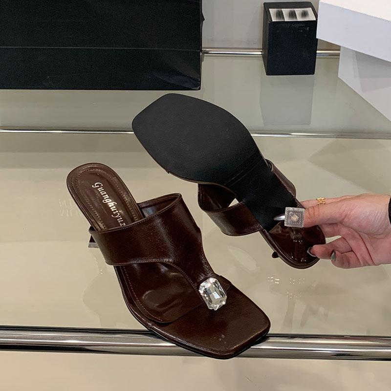 Fashion Luxury Rhinestones Ladies Heels Slippers Shoes Fashion Square Toe Women Heeled Slippers Female Slides Sandals Flip Flops Pumps