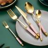 Emerald Marble Pattern 5-Piece Cutlery Set: Stainless Steel Knife, Fork, Spoon with Ceramic Handles