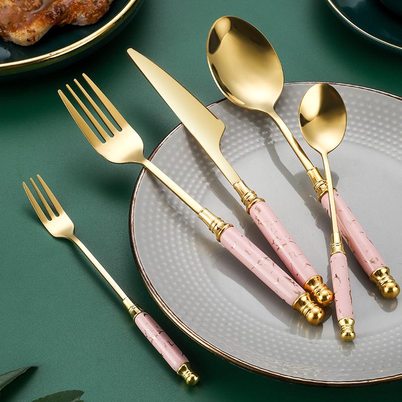 Emerald Marble Pattern 5-Piece Cutlery Set: Stainless Steel Knife, Fork, Spoon with Ceramic Handles