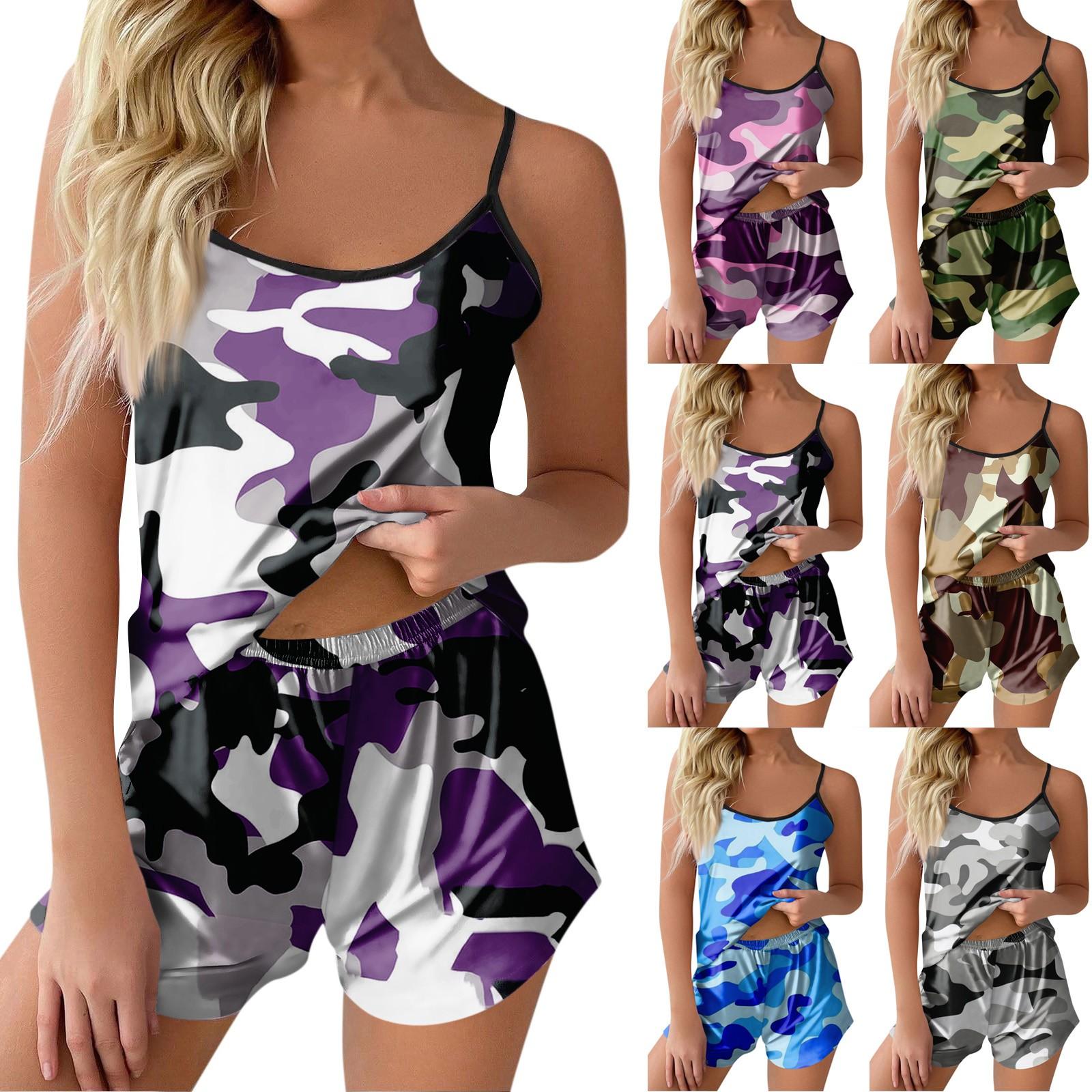 

Женские пижамные комплекты с принтом, мягкие комплекты домашней одежды из двух предметов, топы без рукавов, шорты, одинаковые пижамы, одежда для сна L армия зеленый