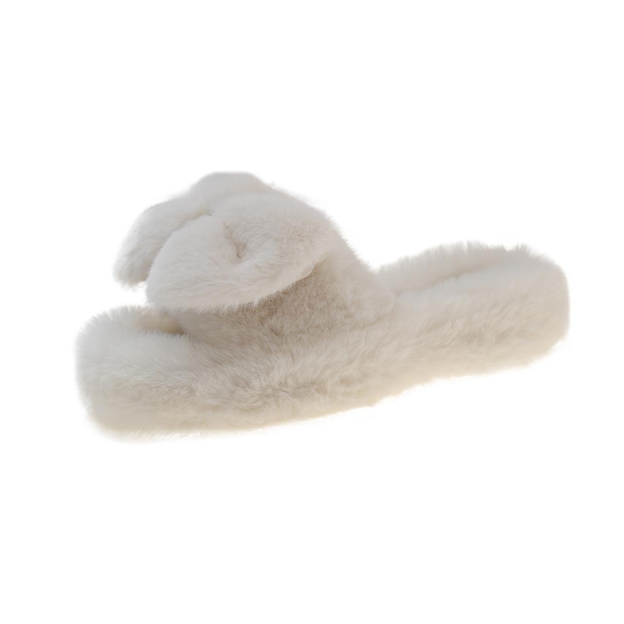 

Fairy wind fluffy slippers female outer wear 2025 new autumn and winter cute plush bow thick bottom one-word cotton slippers 35