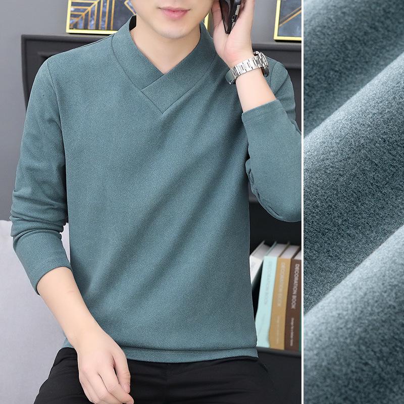 

Мужская двухсторонняя бархатная рубашка-рубашка - новый перекрестный V-образный вырез, длинный рукав, теплая, однотонный топ для осени/зимы 4XL озеро синий