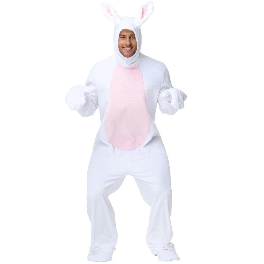 Adult Women Men Velvet Rabbit Animal Hooded Jumpsuit Halloween Cosplay Costumes School Stage Drama Show Performance Role Play Outfits