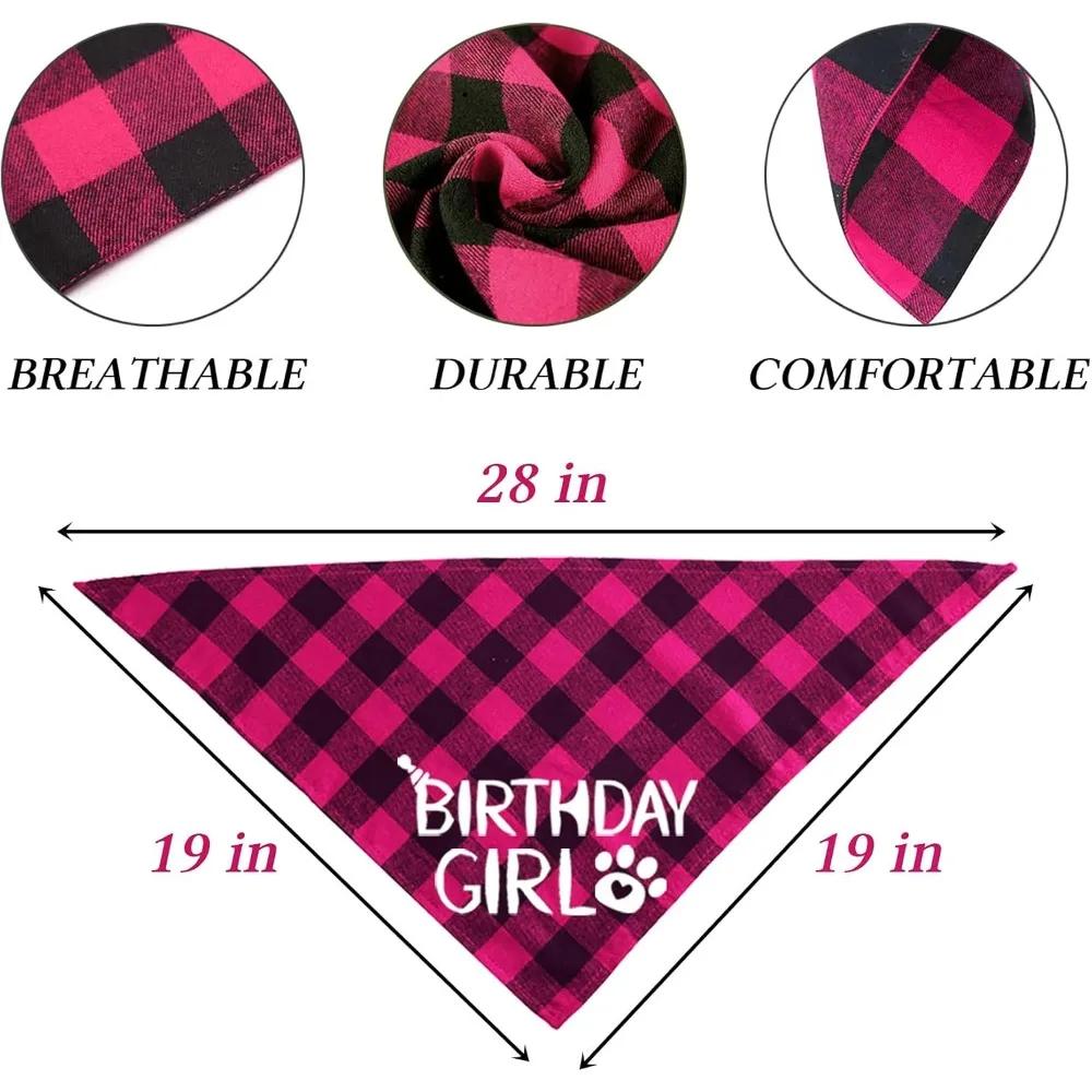 Dog Birthday Bandana, Dog Birthday Girl Plaid Bandana Triangle Scarf for Medium Large Dog Birthday Supplies