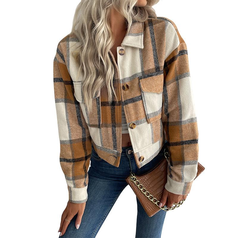 Women's 2026 Europe and The United States Short Paragraph Plaid Shirt Retro Lapel Jacket Female