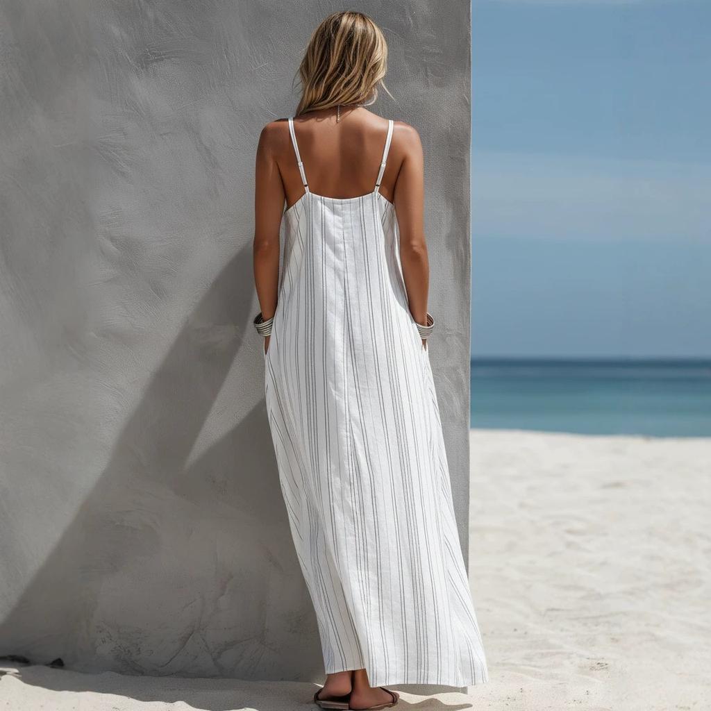 Women's Spaghetti Strap Maxi Dress Blue Vertical Stripe Side Pockets Beach Holiday Dress