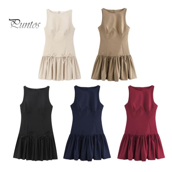 Women Summer Dress Sleeveless Bow Decor Pleated A-line Solid Color Mini Dress Back Zipper Closure O Neck Vest Dress for Dating Party