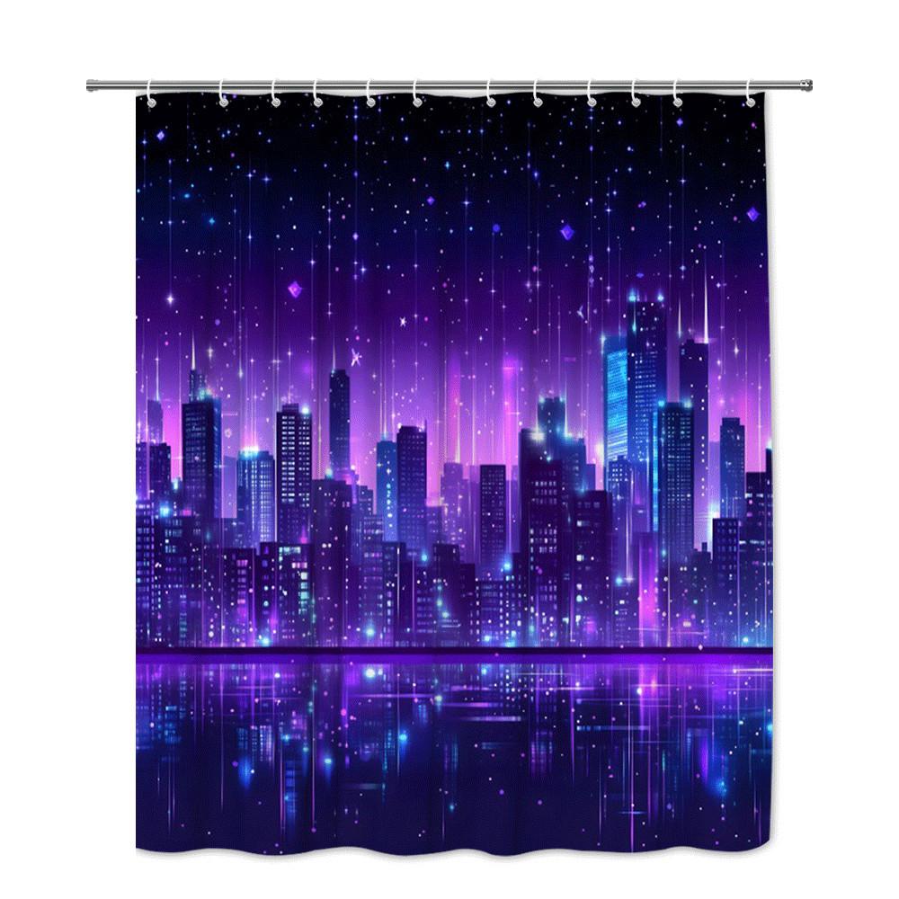 Neon City Night Sky Shower Curtain Purple Towers And Stars Futuristic Urban Landscape Cyberpunk Bathroom Decor Waterproof