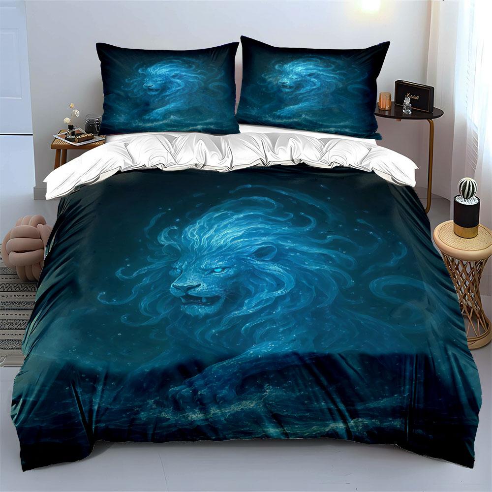 Glowing blue lion portrait. Bedding sets Duvet cover sets Duvet covers Pillowcases(1 * Duvet Cover 2 * Pillowcases without duvet insert)