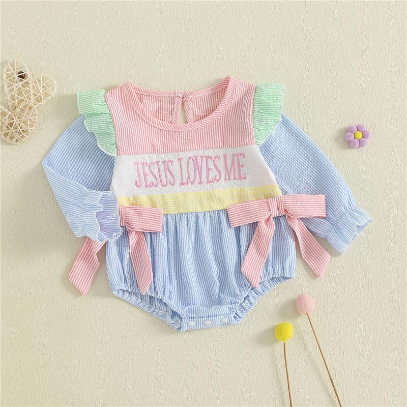 Baby Clothes Autumn Toddler Newborn Baby Girls Flying Sleeve Round Neck Letter Embroidery Romper Stripe Bow Jumpsuit
