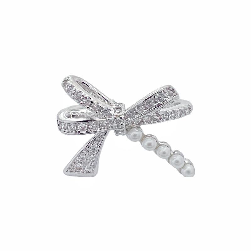 Hepburn Style Double Bow Pearl Stacked Open Ring Full Of Diamonds Zircon Temperament Advanced Sense Index Finger Ring