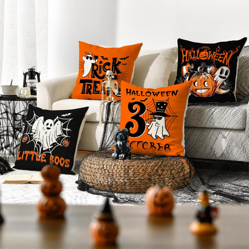1/4Pcs Halloween Pillow Cover, Spider Web, Witch Castle, Pumpkin Pattern Printed Backrest Cover, Halloween Sofa Decoration,