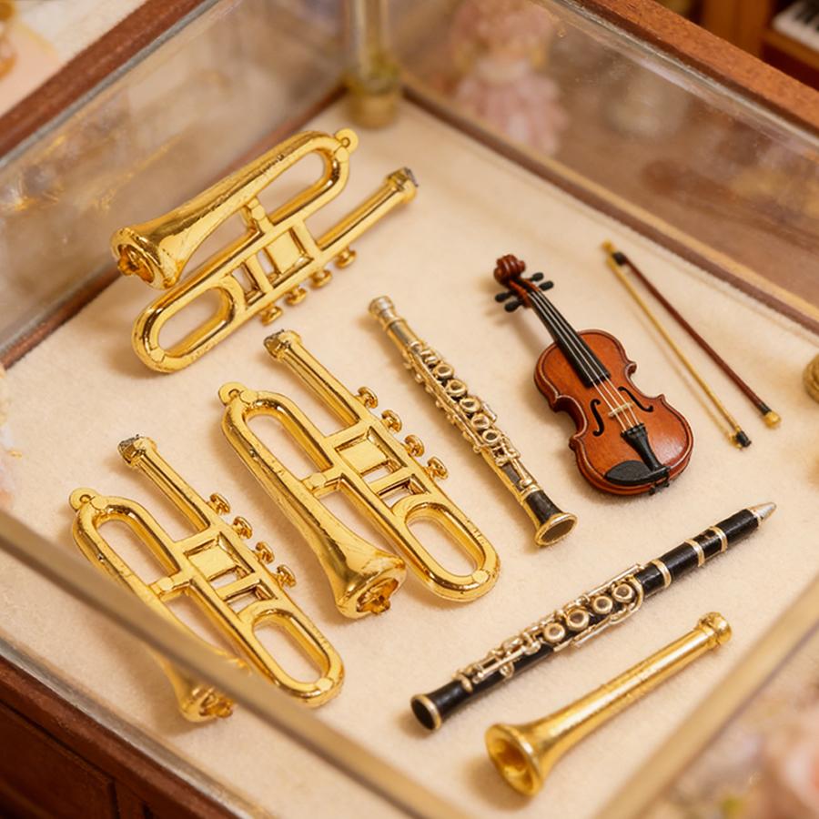 10pcs 4.4cm Plastic Mini Golden Double-tube Horn Ornament Dollhouse Miniature Desktop Decoration Miniature Scene Accessory