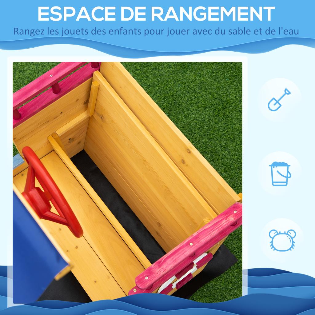 Sabbiera in Legno per Bambini, Sabbiera per Bambini Nave Pirata, Stazione Gioco Barca di Sabbia per Esterno con Tettoia Ombreggiante Panca Contenitore Fondo Rivestito