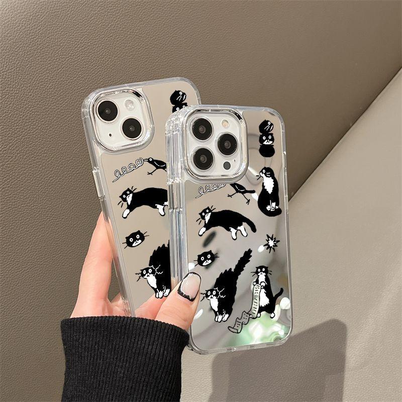 Little Black Cat Illustration Applies To iPhone17 Mobile Phone Case 16pro Electroplating Button 12 Apple 13 Mirror 15/14