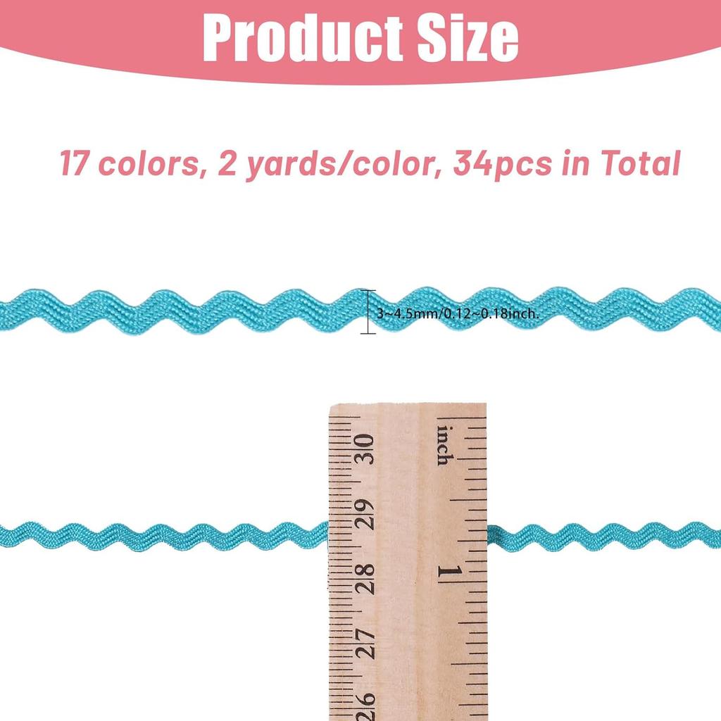 GLOBLELAND 34Pcs 17Colors Mini Rick Rack Fringe Trim Ribbon Tiny Wave Bending Sewing Lace Trim Ribbon for Doll Clothes Sewing Craft Supply