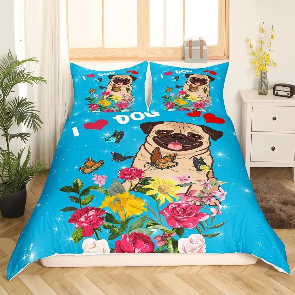 Cartoon Pug Dog Duvet Cover Set Comforter Cover Soft Bedding Set Full Size for Boys Girls Bedroom 2/3 Pieces with Pillow Shams