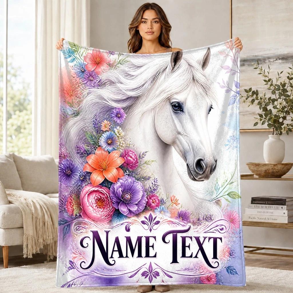 White Horse With Flowers Coral Fleece Blanket Equestrian Decor