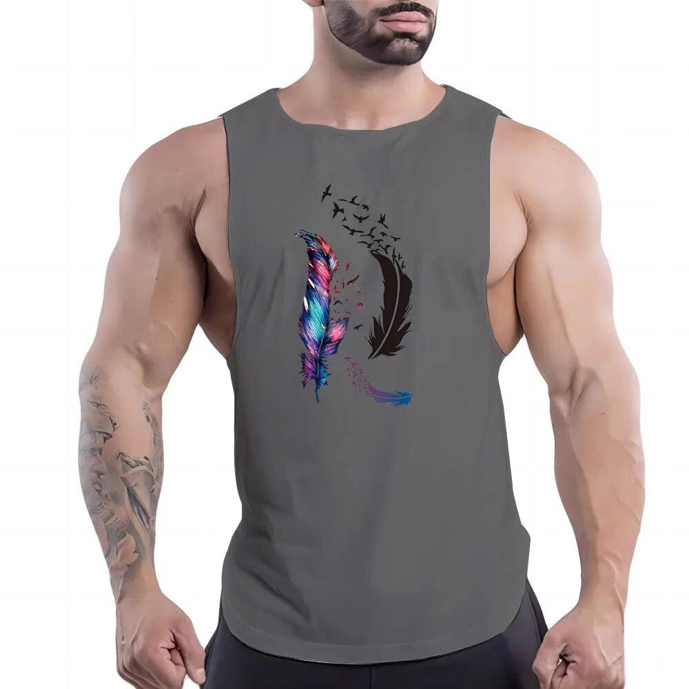 Summer Adult Men'S Outdoor Fitness Crew-Neck Vest Creative Feather Pattern 2d Print Breathable Comfortable Sleeveless Shirt